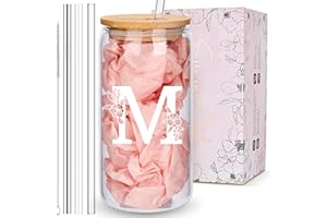 Personalized Customized Gifts for Women, Cute Monogrammed Glass Cups with Lids and Straws, Initial Iced Coffee Cup Drinking G