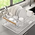 Navaris Dish Drainer Rack - Plate, Silverware, Pots and Pans - Dish Rack with Beechwood Handles - Metal Dish Drying Rack for Kitchen Counter - Modern Retro Design Dish Rack - White