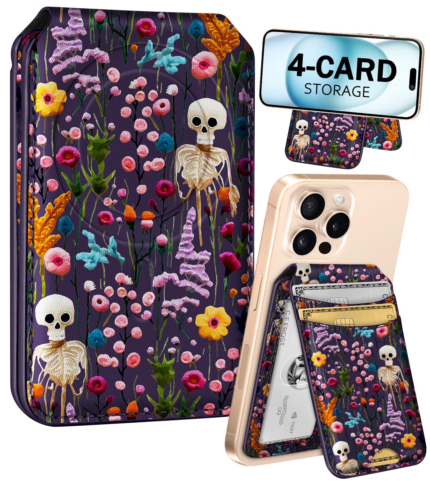 Photo 1 of Shorogyt Compatible with Magsafe Wallet for Magnetic Fold Card Holder for Women - Cute Phone Wallet for iPhone 17/16/15/14/13/12 Series,RFID Blocking Stand Printed Leather Fit 4 Cards,Skull Flower