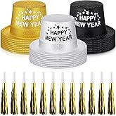 Poen 48 Pcs New Years 2026 Eve Party Supplies Included 24 Plastic Glitter Hats 24 Metallic Fringed Noise Makers for Happy New Year Decorations