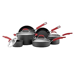 Rachael Ray Hard-Anodized Nonstick 10-Piece Cookware Set, Gray with Red Handles