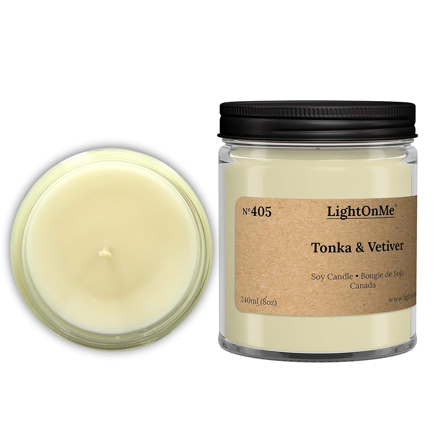 Tonka & Vetiver Scented Soy Candle Made in Canada 8oz Glass Jar 100 Soy Wax 50 Hours