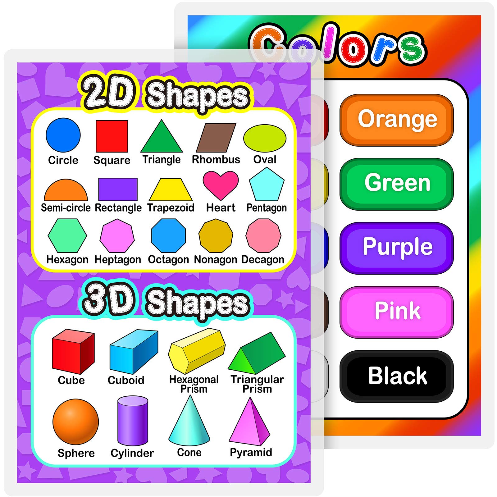Fully Laminated Preschool Educational Posters for Kids and Toddlers, Nursery Homeschool Pre-K Kindergarten (2 Pieces, Colors and Shapes)