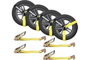 Goasion Car Tie Down Straps with Flat Hooks 4 Pack 2 Inch x 96 Inch Lasso Style Vehicle Tie Down Kit Straps 3,333 LBS Safe Working Load Secure Tire Tie-Downs for Any Car, SUV, Jeep Sports Car (Yellow)