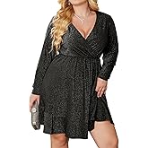 Zeagoo Plus Size Womens Glitter Dress V Neck Long Sleeve Ruffle Hem Swing Club Cocktail Party Dresses