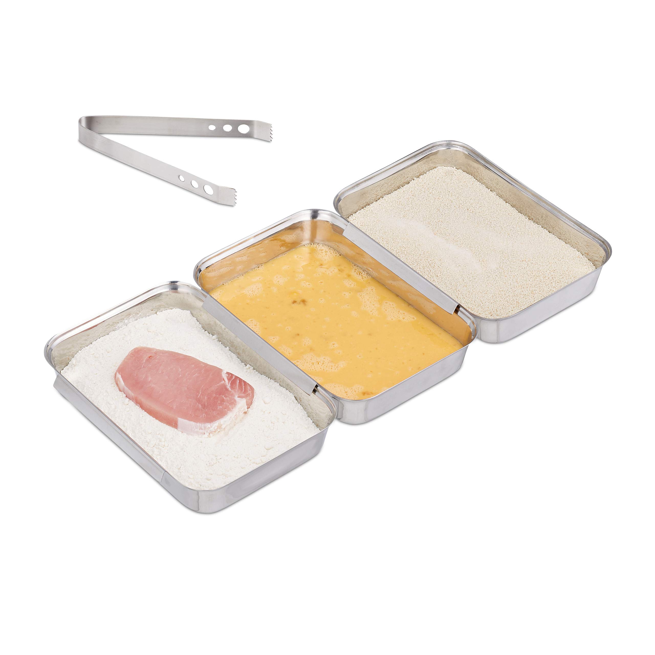 Relaxdays Breading Trays Stainless Steel, Fish Batter Station, Pans with Tongs, Stackable, Dishwasher-Safe, Silver