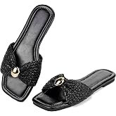 Merking Women's Flats Sandals Raffia Woven Knot Slide | Sandal Square Open Toe Summer Casual Shoes for Daily Vacation Beach