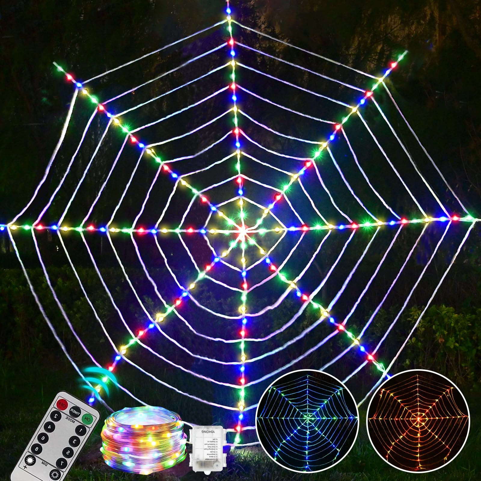Photo 1 of Sinranac 184 LED Spider Web Lights Halloween Decor, 3.6 m Giant Round Net Lights with Remote Control - 8 Modes & Timer for Garden Indoor - Colorful