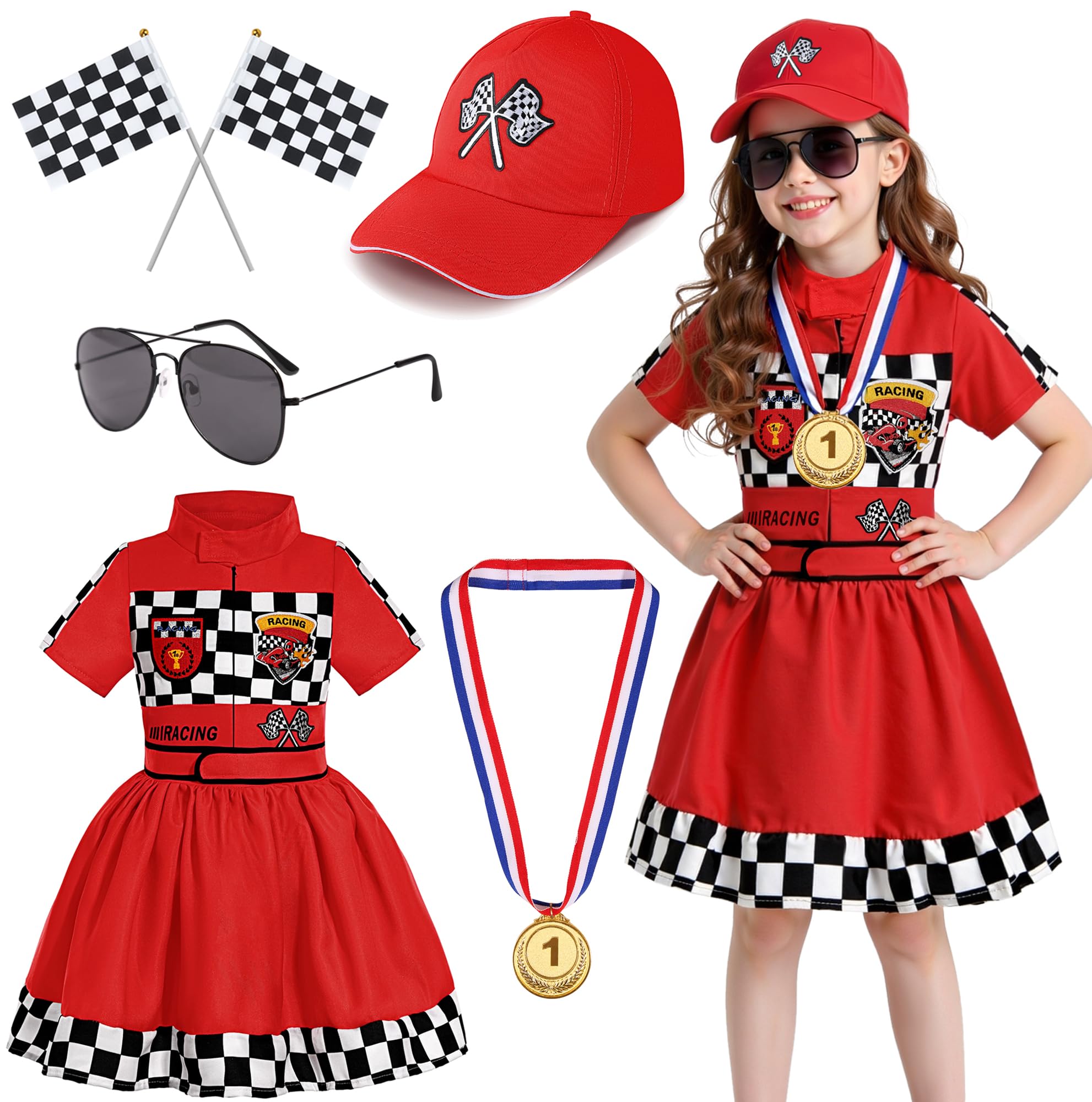 View 1 of ***NO MEDAL AND BROKEN FLAGS***Dormstop Girls Race Car Driver Costume Racing Suit Racer Dress (Red, 5-6 Years)
