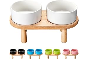 MOPANG Ceramic Elevated Dog Bowls, Pet Food and Water Bowl Set for Medium and Small Dogs, 3.5 Cups Dog Bowls Raised with Wood Stand, 29OZ, White