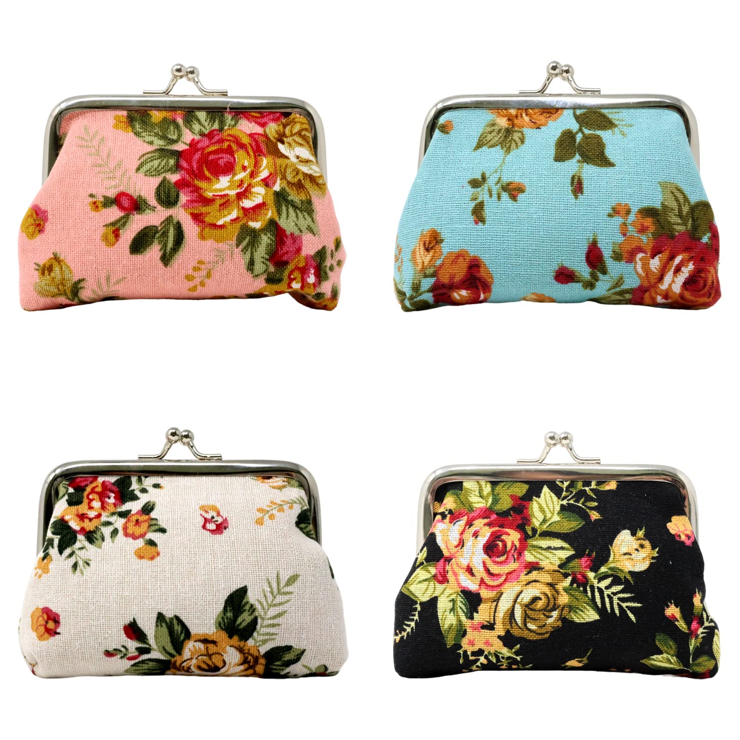 Photo 1 of "4PCS Vintage Rose Flower Canvas Coin Purse Kiss Lock Change Purse Elegant Trinkets Pouch Small Clutch Purse for Women, 4 Colors"