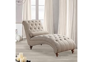 Rosevera Sereno Polyester Upholstered Button Tufting with Toss Pillow Chaise Lounge Chair for Indoor Bedroom, Standard, Linen Beige