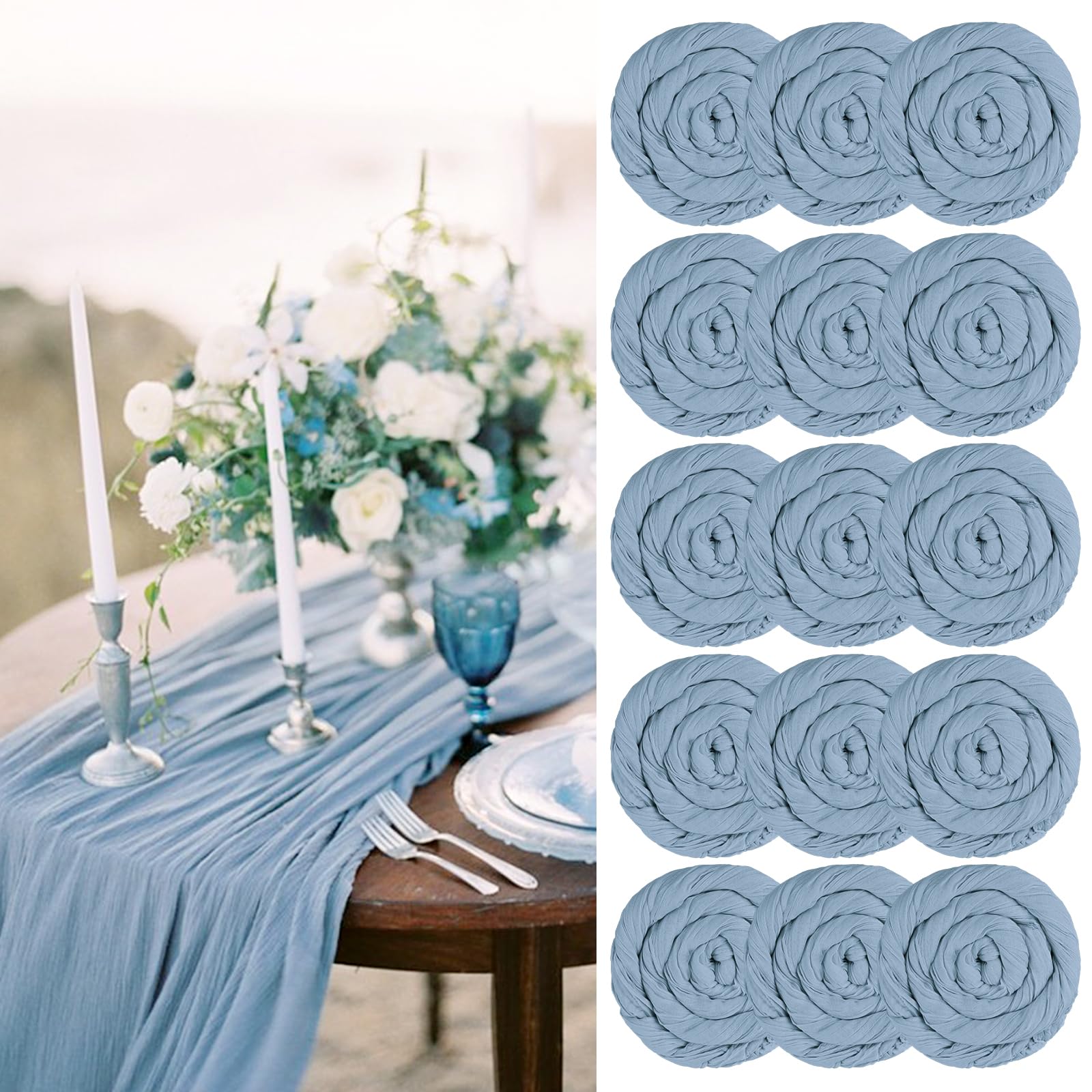 15 Packs Cheesecloth Table Runner Dusty Blue Semi-Sheer Table Runner 55x300cm, Blue Rustic Gauze Boho Table Runner, Wedding Table Decor Table Cloth for Bridal Shower Party Wedding Holiday