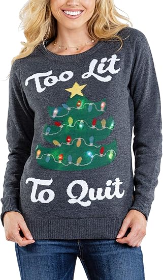 Tipsy Elves Women's Too Lit Light Up Ugly Christmas Sweater - Christmas Sweater w/Incl Lights at 