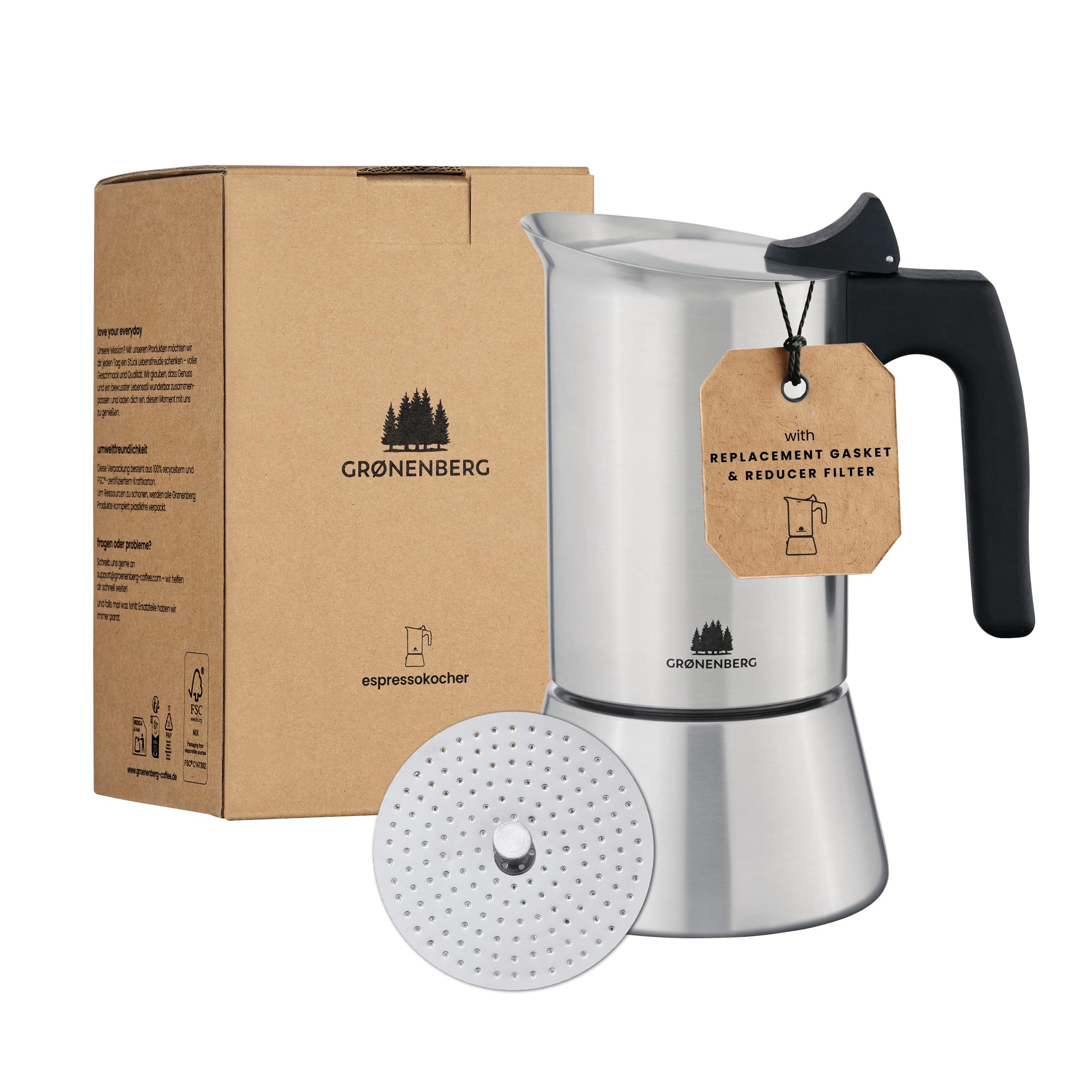 Groenenberg Moka Pot | Espresso maker Induction 4 or 6 Cup (200-300 ml) incl. reducer filter I Stainless steel I Stovetop Moka pot + replacement seal (4 Cup (200ml))