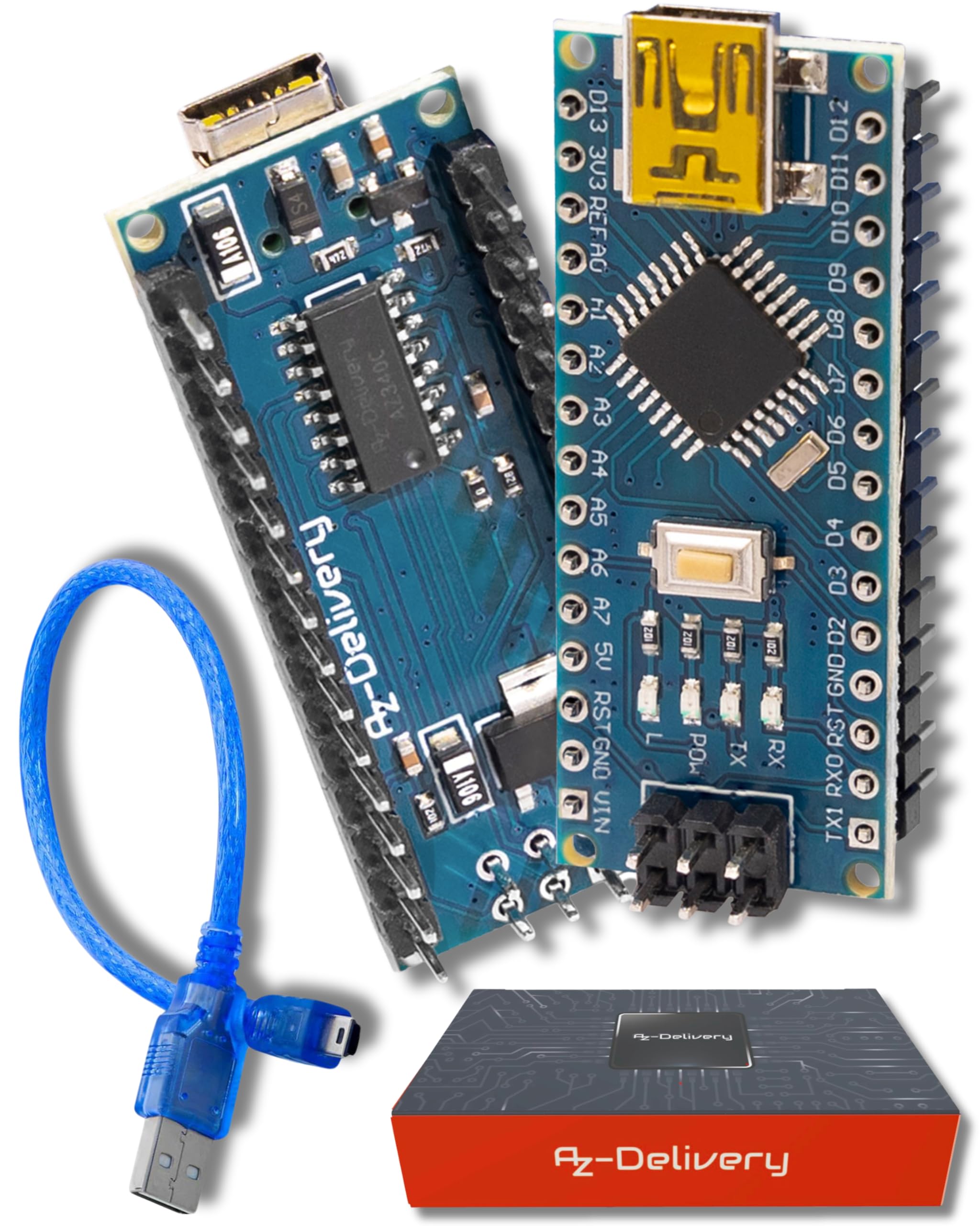 AZDelivery Mini AZ-Nano V3-Board ATmega328P Micro Controller Board ATmega328 5V 16MHz CH340 with Mini USB Cable, Including E-Book!