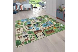 PACO HOME Kids Play Mat Rug Zoo Animal Park - Non Slip Rug for Playroom in Green Beige, Size: 3'11" x 5'3"