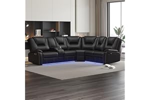 SECSOFIER Manual Reclining Sectional Sofa Set with LED Strips, Premium Faux Leather Recliner Corner Sectional Couch with Console & Cup Holders for Living Room