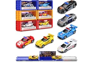 WIDELAND 6 Pack Pull Back Race Cars Toy Set, Friction Powered Launching Cars for Kids Ages 3+, Mini Die-Cast Toy Cars Bulk for Toddlers 2-4, Small Toy Cars with Race Track Playmat, Party Favors, Birthday Gifts