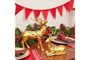 SAFESIR Reindeer Christmas Decoration, 2PCS Deer Christmas Decor, Reindeer Figurines for Christmas Decor, Small Decorative Deer Figurines for Indoor Christmas Table Mantle Decorations (Facets Golden)