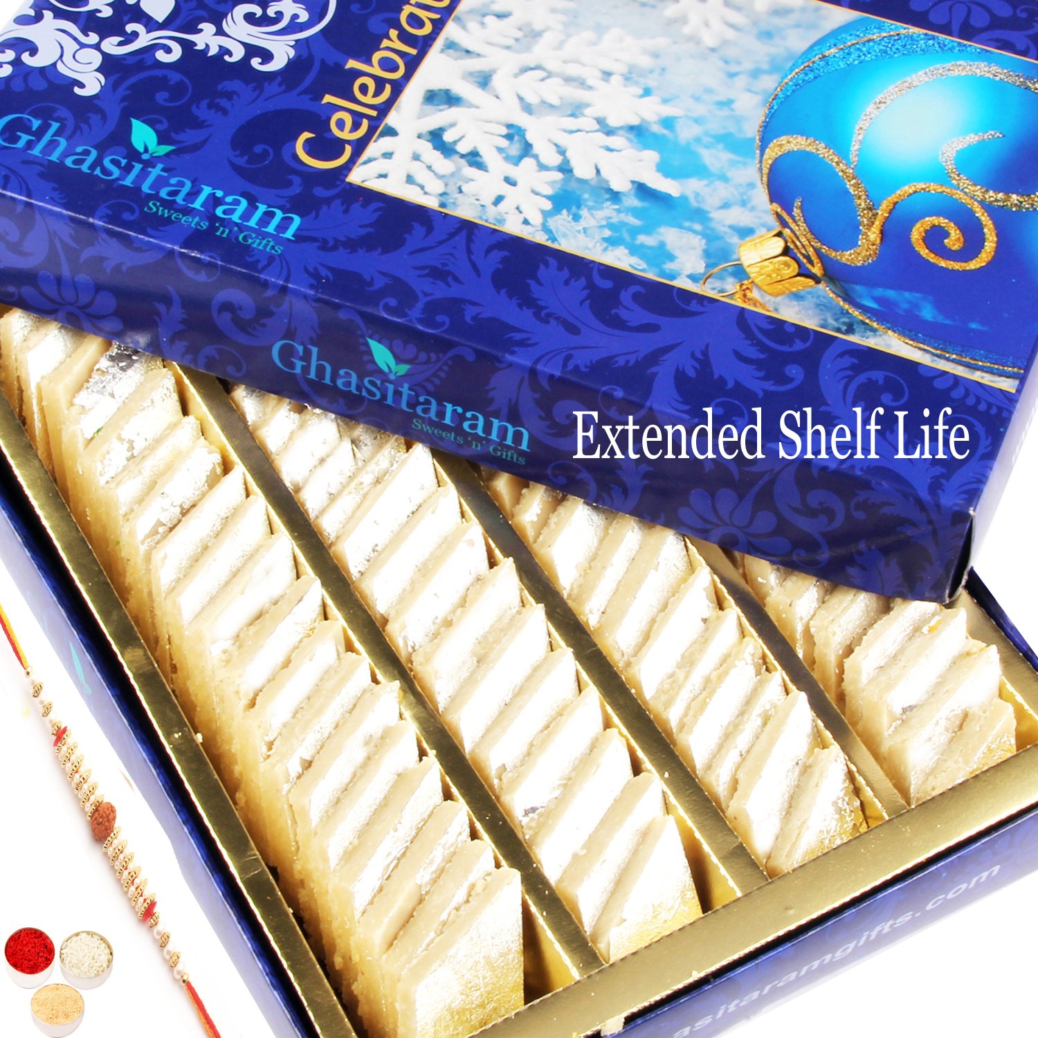 ghasitaram gifts kaju katlis box 200 gms with rudraksh rakhi