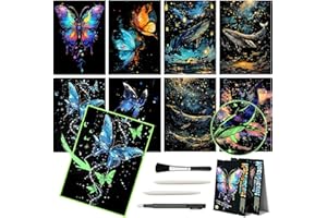 VTEAS 8 Sheet Noctilucent Scratch Art Rainbow Painting Paper with Pen / Cleaning Brush, Glow in The Dark Engraving Scratchboard(A4) for Adults Teen & Kids, Sketch Card Creative Craft Toy (Dolphin/Butterfly)