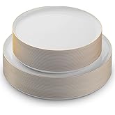 BloominGoods 50 PCS Disposable Plastic Plates For Party, 25 8.5 In. Appetizer Plates And 25 10.5 In. Dinner Plates, White With Gold Rim Plates For Wedding Or Event, Heavy Duty