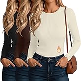 Evervibe 3 Pack Women's Ribbed Long Sleeve Thermal Tops Thin Fleece Lined Crew Neck Shirts Warm Basic Undershirt for Winter