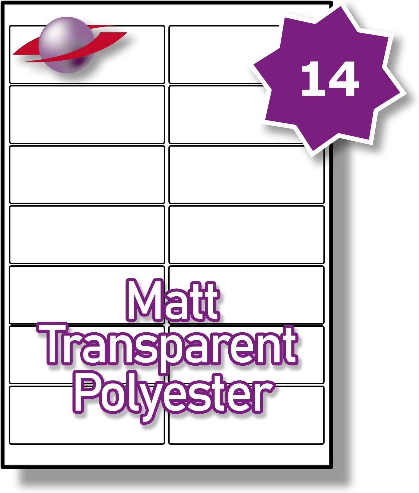 Label Planet14 Per Page/Sheet 5 Sheets (70 MATT TRANSPARENT Sticky Labels) A4 Waterproof CLEAR POLYESTER Permanent Printable Stickers, For Laser Printers Only, Rectangular 99.1 x 38.1 MM LP14/99 MTP