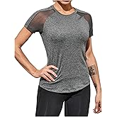 OYOANGLE Women's Workout Top Raglan Short Sleeve Athletic Shirts Running Gym Mesh Yoga Tees