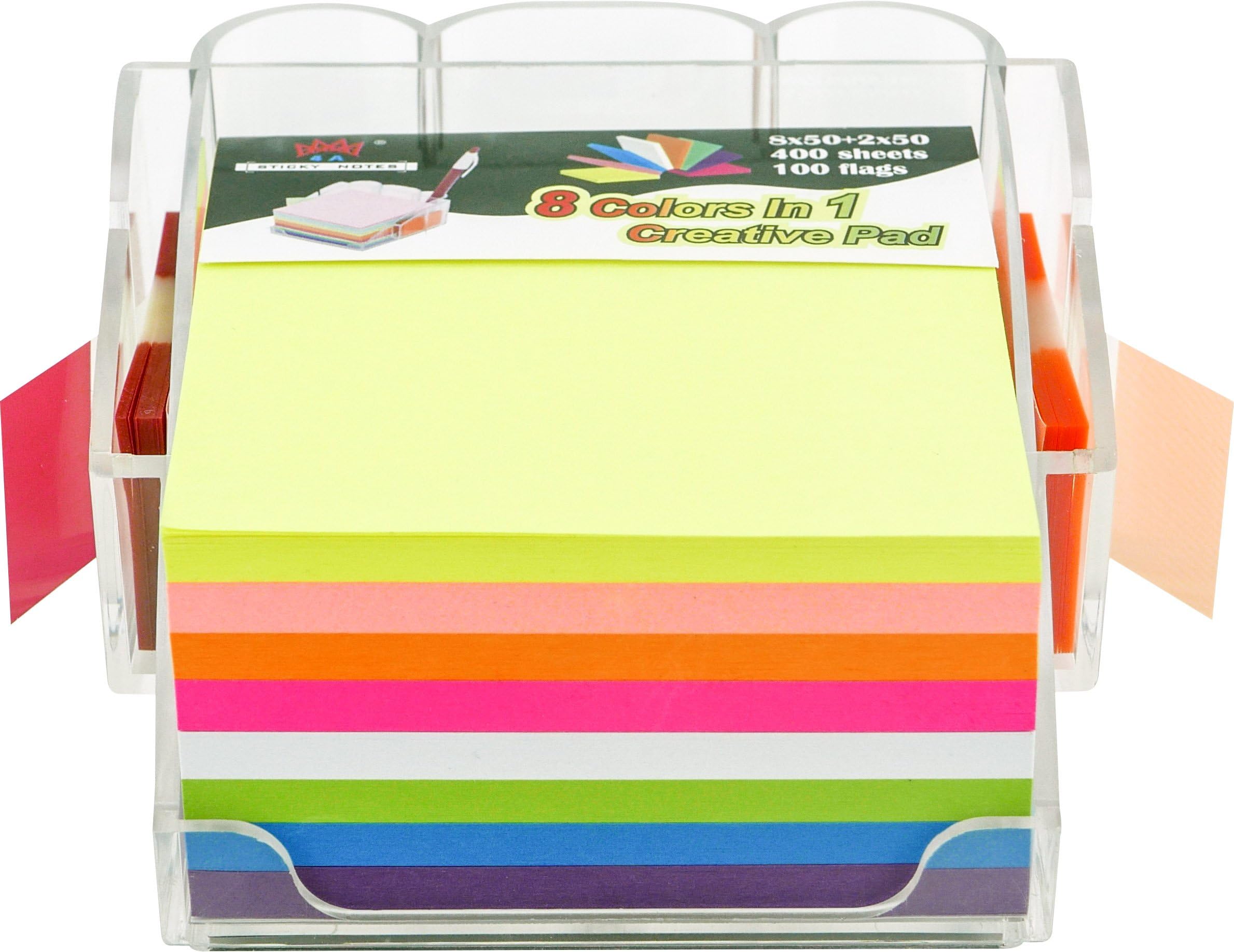 4A Sticky Note Dispenser Pen Holder Set, Self-Stick Notes, 8 Ultra Colors 3x3 Inches 400 Neon Sheets Sticky Notes and 1 * 1 3/4 Inches 2x50 Sheets.100 Flags, 303-AC-holder