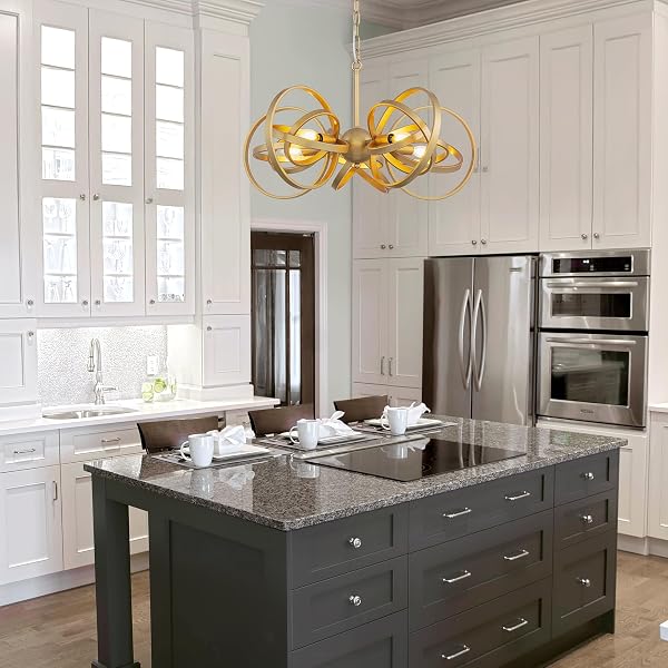 TOCHIC MODERN CHANDELIER FOR DINING ROOM,5-LIGHT GOLD METAL CHANDELIER,MID CENTURY CHANDELIERS,RINGS FARMHOUSE CEILING LIGHT FIXTURE FOR BEDROOM,LIVING ROOM,KITCHEN ISLAND,ENTRYWAY,FOYER 26.3″ D