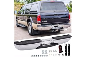 SAFAUTOPARTS Rear Steel Step Bumper Assembly for 1999-2007 Ford F250 F350 Super Duty without Park Sensor Holes Chrome Back Bumper Replacement for FO1101141,with Pads Brackets and License Plate Lights