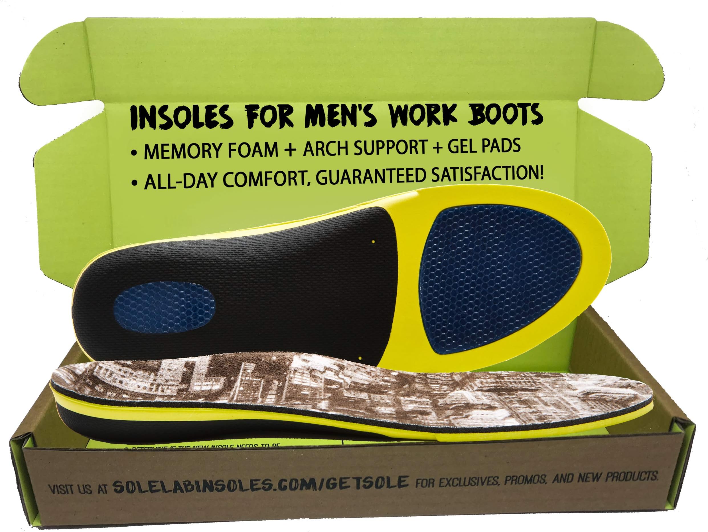 Insoles for Men's Work Boots with Extra Cushion - Full Length - Memory Foam - Comfort Orthotic - Replacement Inserts with Adaptive Arch and Gel Insert (Men's US 12.5-14)