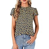 Rooscier Women's Boho Shirts Floral Ruffle Short Sleeve Frill Mock Neck Blouses Shirts Tops