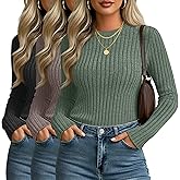 Velvelhall 3 Pack Women's Fitted Ribbed Sweaters Tops, Long Sleeve Crew Neck Slim Fit Thermal Fall Winter Base Sweater
