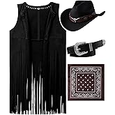 Hercicy Western Outfits for Women Cowgirl Tassel Sleeveless Vest Cowboy Hat Belt and Paisley Bandana for Halloween Dress Up