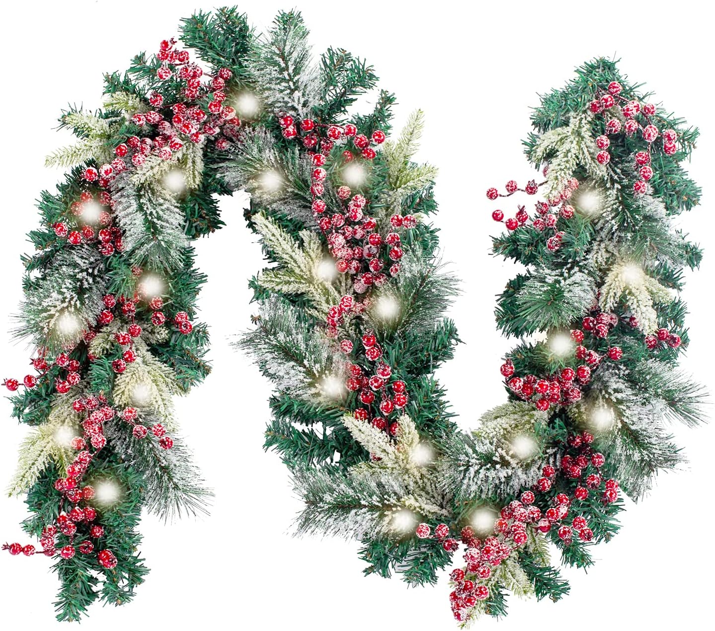Wreaths, Garlands & Swags - WANNA-CUL Pre-Lit 6ft/72 Inch Christmas Garland Decor with Lights Farmhouse Lighted Christmas Mantel Garland with Frosted Red Berries and Snowy Artificial Spruce, Battery Operated 30 LED