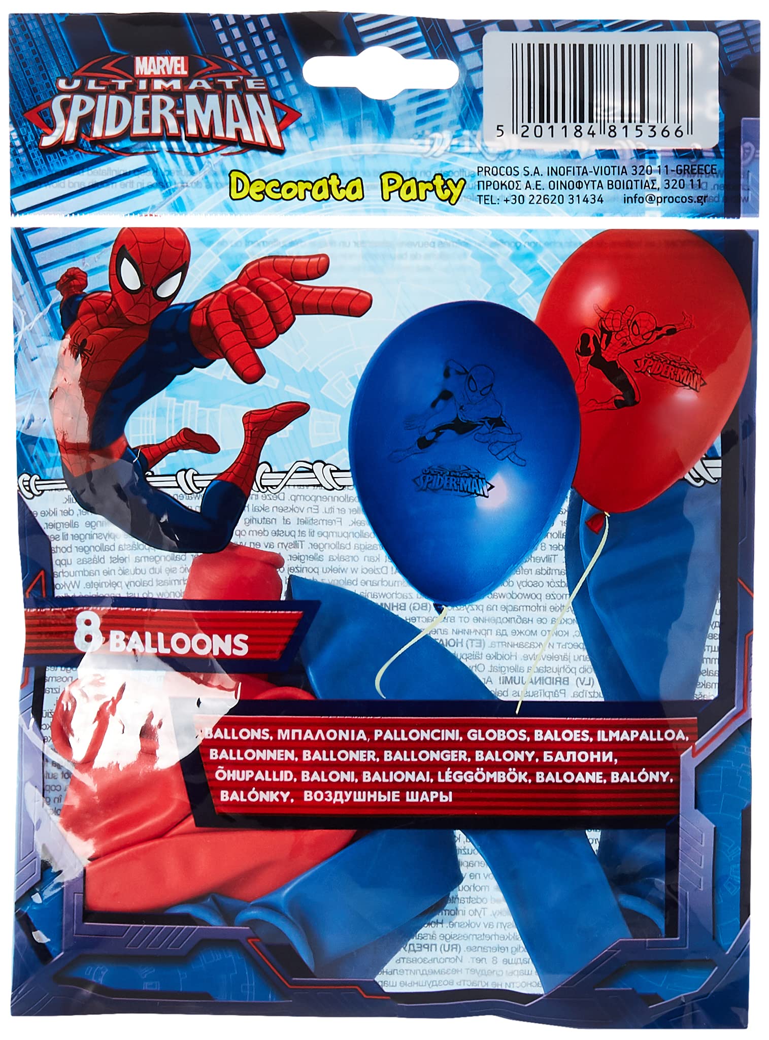 Procos 81536 Printed Balloons – Ultimate Spider Man, 8 Pieces, Red/Blue