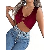 COOUFE Women's Tank Tops Sexy Deep V Neck Sleeveless Shirts Y2k Night Out Crop Top with Ring