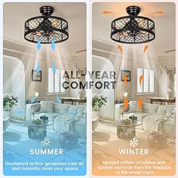 MOBEYU 16.5" Caged Ceiling Fan with Light,Rustic