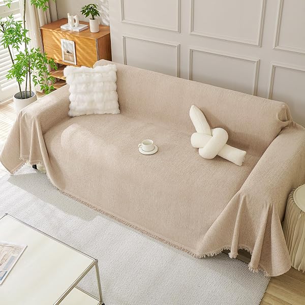 DREAMINGO SOFA COVERS WASHABLE THICK CHENILLE COUCH COVER FOR 3 CUSHION COUCH SOFA MULTI-USE COUCH COVER BLANKET MODERN PET FURNITURE PROTECTOR SECTIONAL COUCH SLIPCOVER 71″X150″, KHAKI