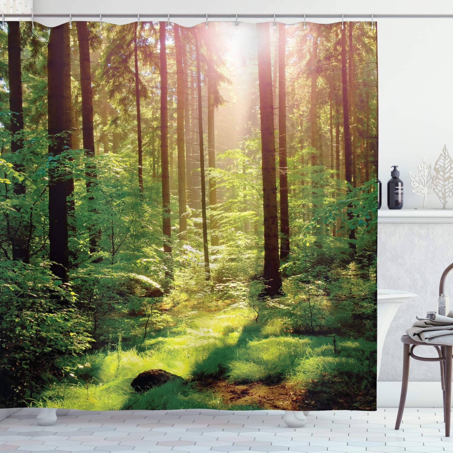 ABAKUHAUS Forest Shower Curtain, Forest in Spring Time Sunset Moss Woods Leaf Wilderness Fantasy View Print, Cloth Fabric Bathroom Decor Set with Hooks, 175 x 200 cm, Green Brown — image 1