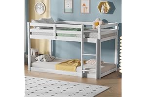 PVWIIK Twin Over Twin Wood Bunk Bed Frame with Ladder & Safety Guard Rails for Kids,Boy,Girl Bedroom,Space Saving Design & No Box Spring Needed,Easy to Assemble, White