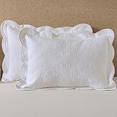 White Quilted Pillow Sham Standard Cotton Medallion Damask Set of 2 Embroidered Floral Pillowcases Scalloped Embossed Matelasse Victorian Vintage Textured Decorative 20×26