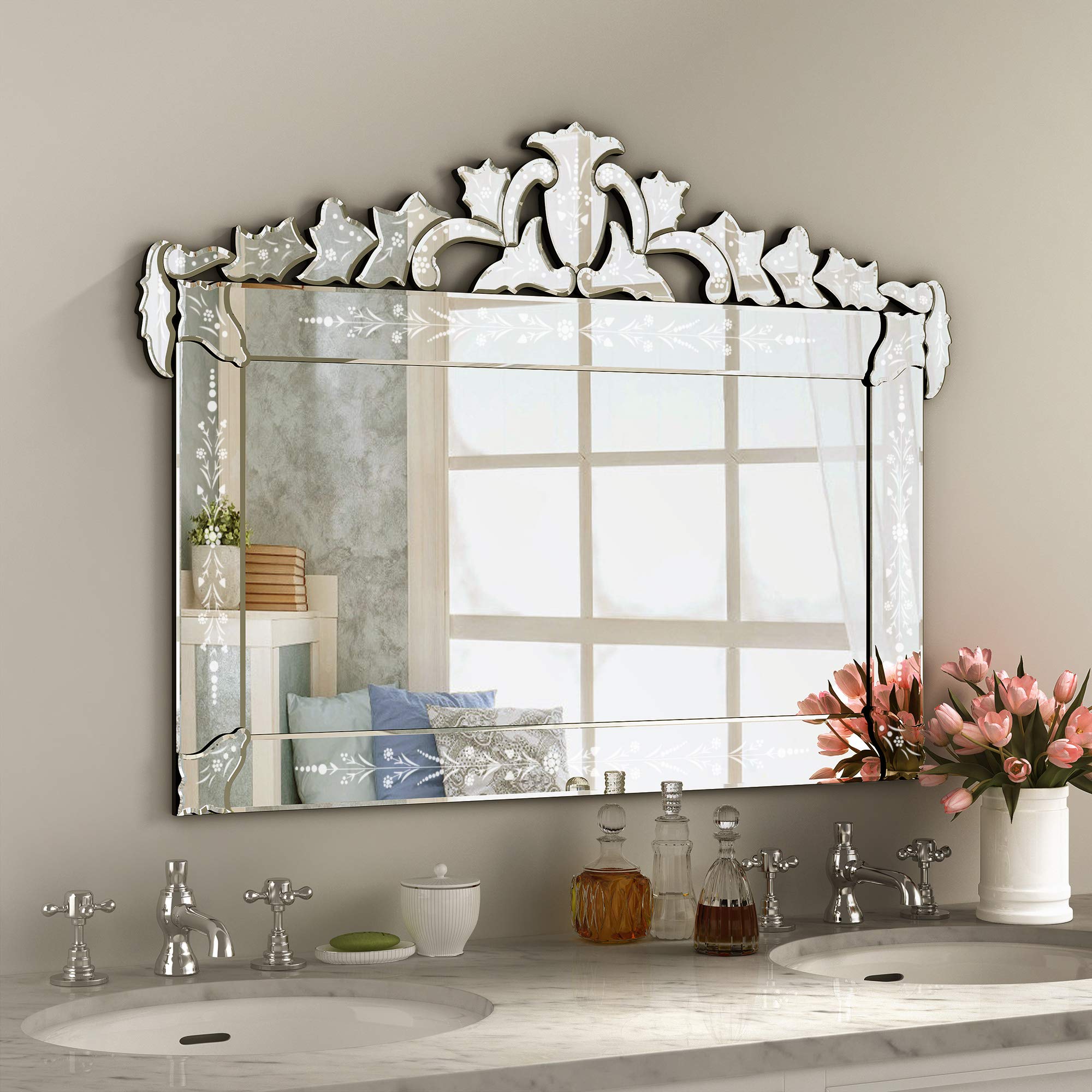 Photo 1 of KOHROS Large Decorative Wall Mirrors for Living Room 41x31 Inch Venetian Wall Mirror with Ornate Crown, Etched Floral Design Beveled Edge Rectangle Decorative Mirror for Bedroom Dining Room Hallway