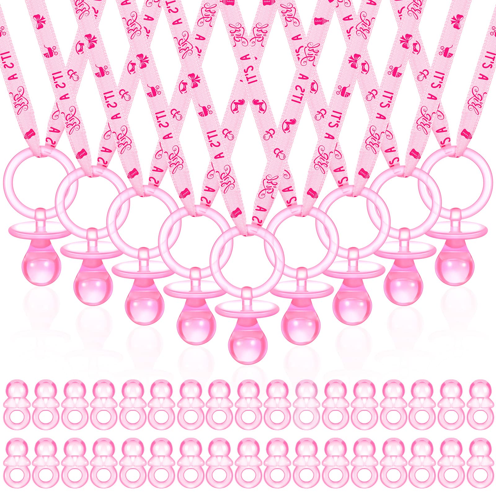 Photo 1 of 74 Pieces Baby Shower Pacifiers 24 Necklace Acrylic Plastic Pacifiers Baby Shower Game 50 Mini Plastic Charm Bulk for Party Decorations Games Table Scatter(Pink)