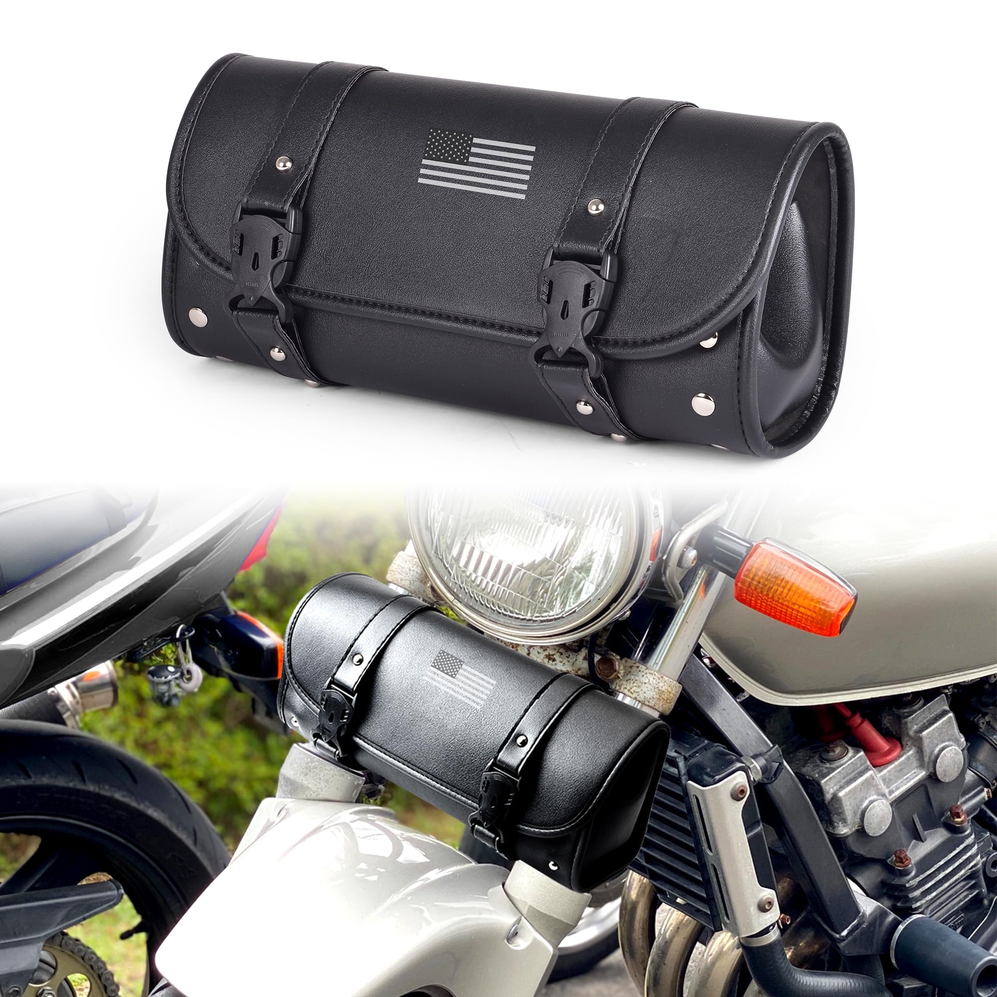Photo 1 of Goldfire Motorcycle Fork Bag PU Leather Handlebar Tool Pouch Sissy Bar Roll Bag with 2 Extra Strength Straps (Black-flag)