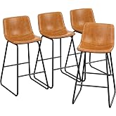 REONEY Bar Stools Set of 4, 26" PU Leather Counter Height Barstool, Brown | Modern Armless Bar Chairs, with Metal Legs and Footrest, Curved Backrest Support, for Kitchen Island Cafe