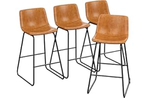 REONEY Bar Stools Set of 4, PU Leather Counter Height Bar Stools, 26" Modern Barstools with Metal Legs and Footrest, Urban Armless Dining Chairs with Backrest for Kitchen Island (Brown)